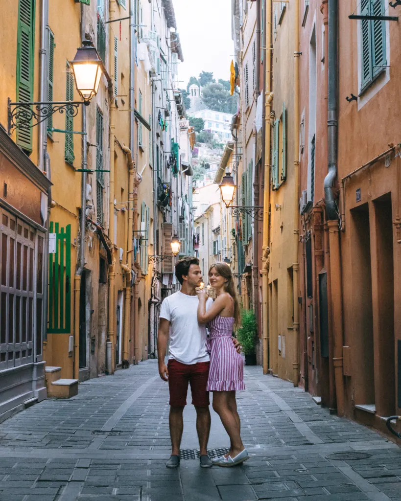 Lukas and Lore in the streets of Menton, France, amazing village in the Provence