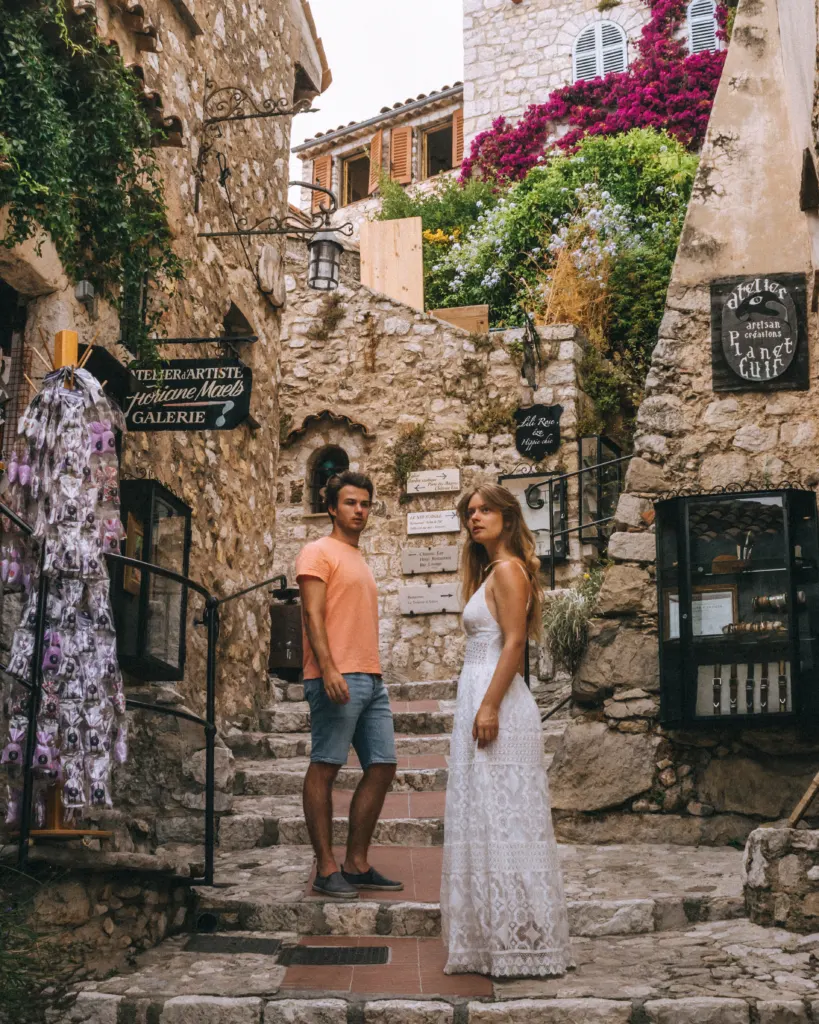 Lukas and Lore in the narrow cobblestone streets of Èze, provence