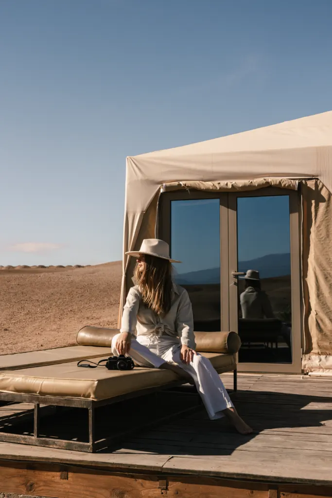 Desert camp terrace with a pool in the Agafay desert