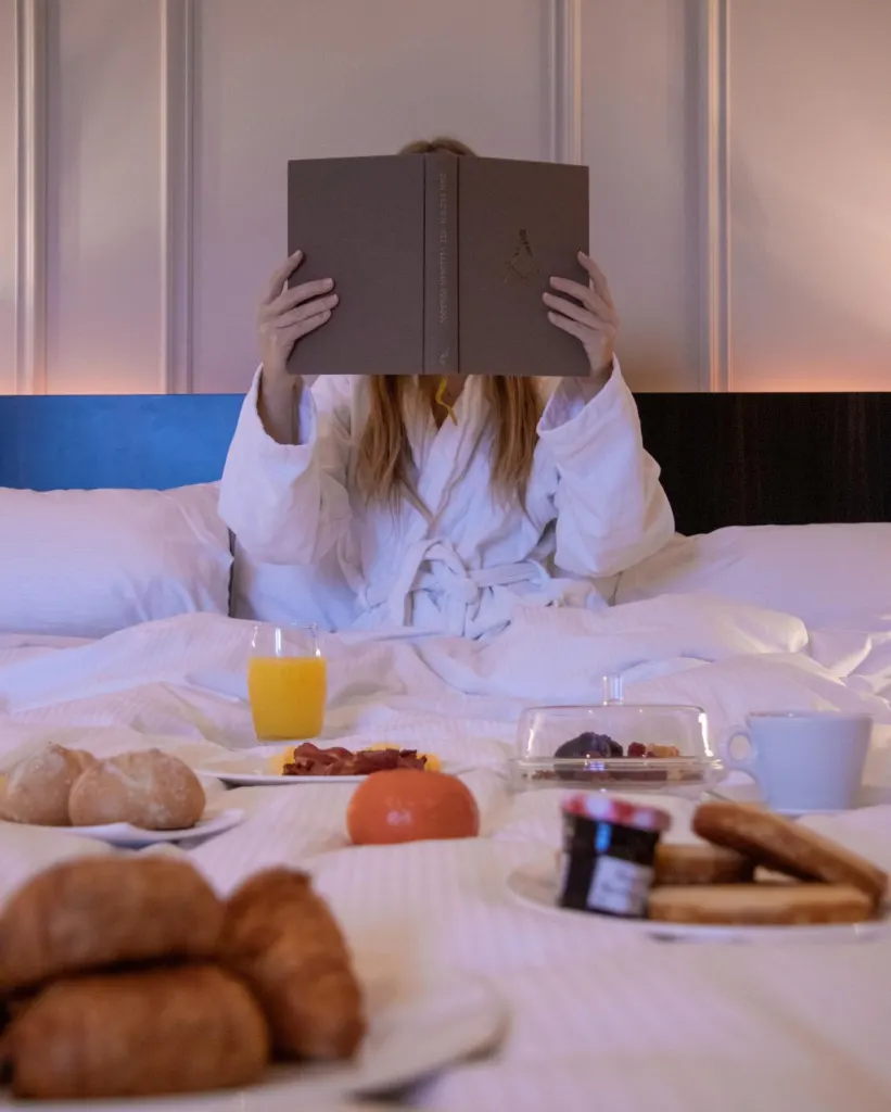 Breakfast in bed with croissants and orange juice at Hilton Brussels Grand Place